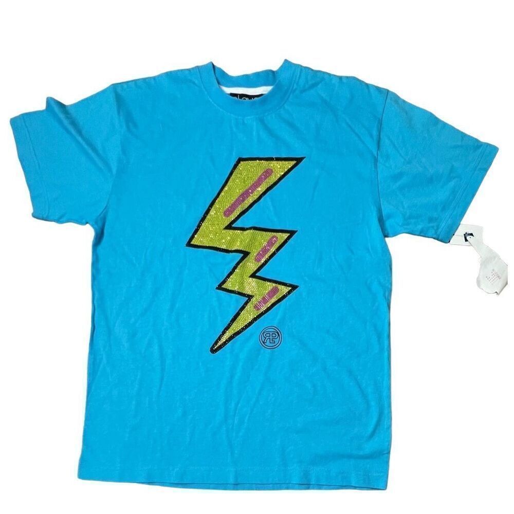Plgue Turquoise Blue Sequin Lightening Bolt T-shirt‎ Top MEDIUM Streetwear NWT